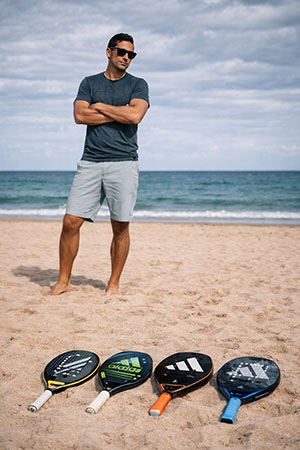 Eduardo alves na praia com raquetes de beach tennis