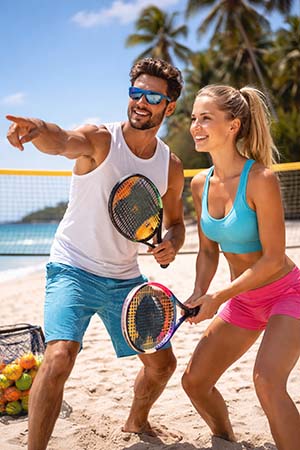 Professor e aluna de beach tennis